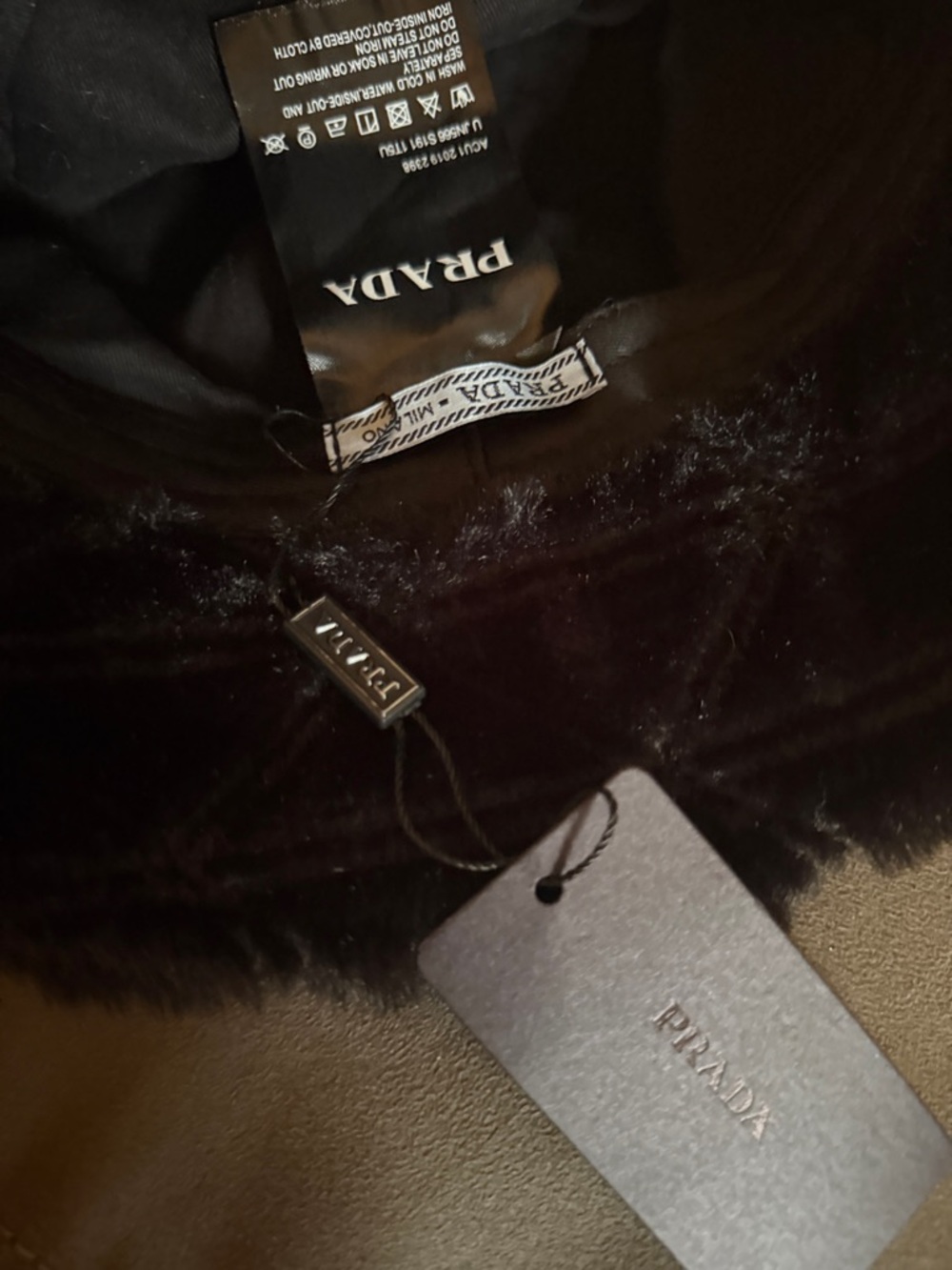 Prada Black Plush Faux Fur Bucket Hat with Triangle Logo - Picture 2 of 2